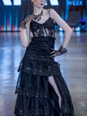 Black Lace Tiered Sequined Evening Dress with Sheer Bodice
